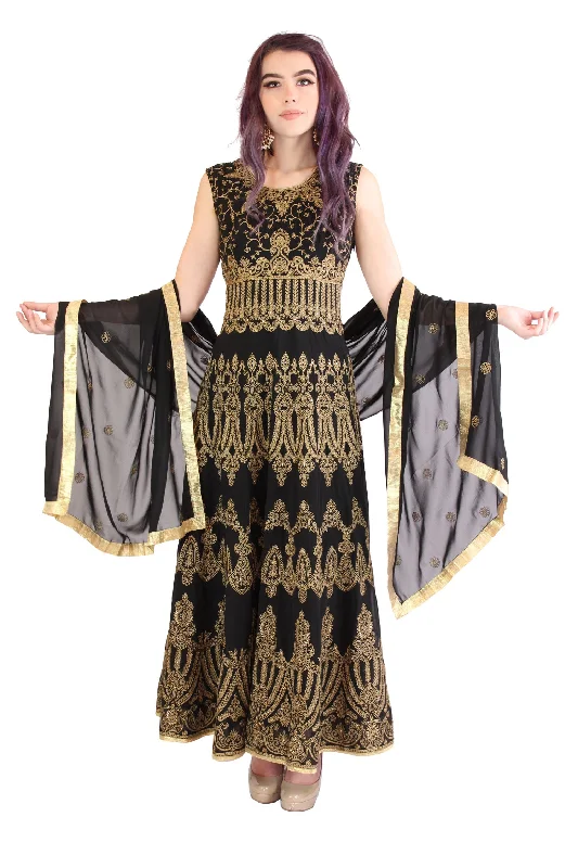 Inventory Reduction Elegant Black Embroidered Sleeveless Floor Length Long Anarkali Gown Inventory Reduction Elegant Black Embroidered Sleeveless Floor Length Long Anarkali Gown