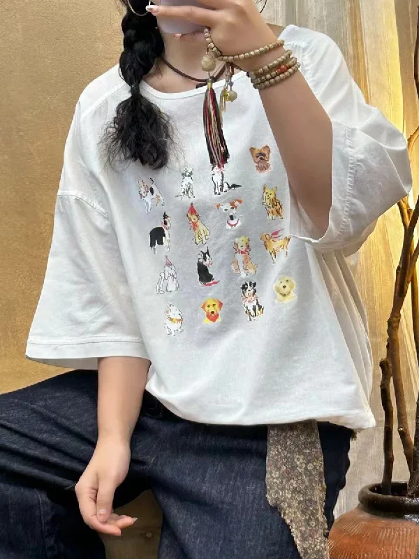 Super Bargain Women Summer Casual Cute Dogs Print Cotton Shirt IO1004