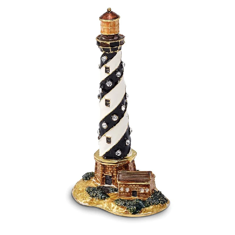 Stock Clearance Bejeweled Black & White Lighthouse Trinket Box with Charm Pendant