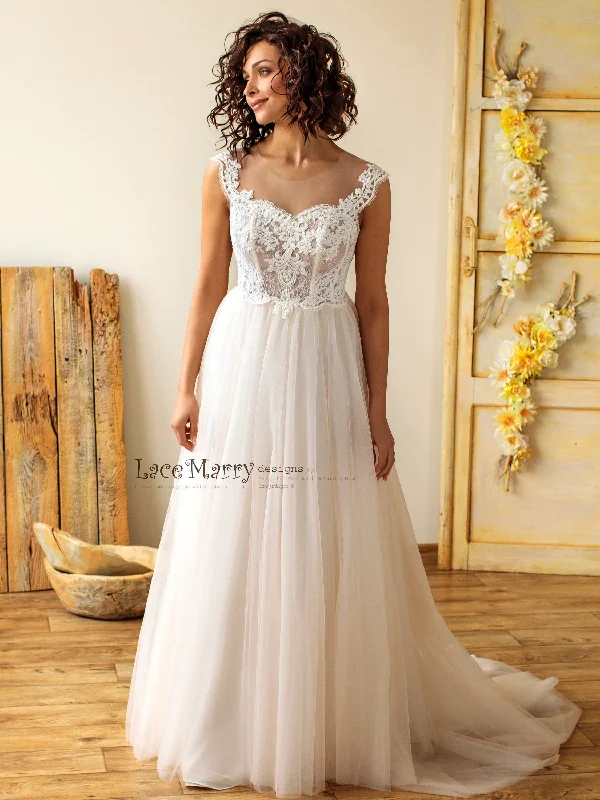 Overstock Sale Elegant Boho Wedding Dress with Illusion Neckline