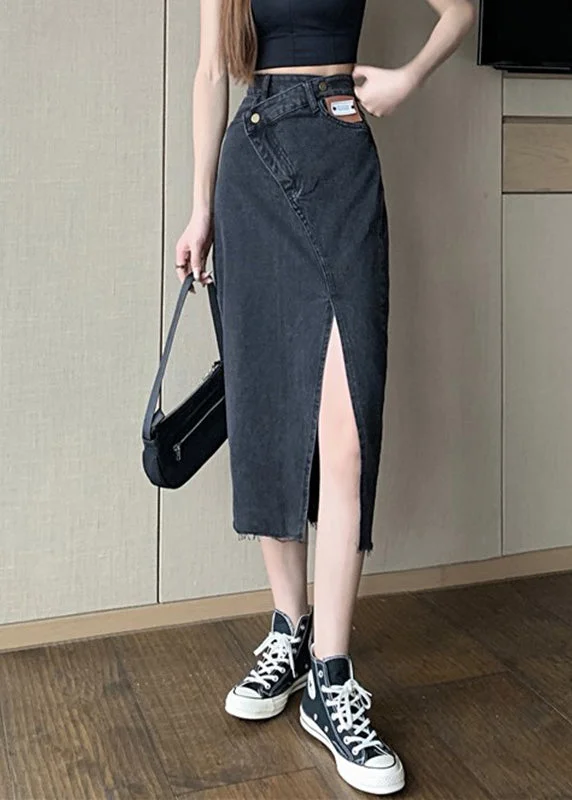 Weekend Flash Sale Black High Waist Pockets Button Solid Denim A Line Skirt TY1014