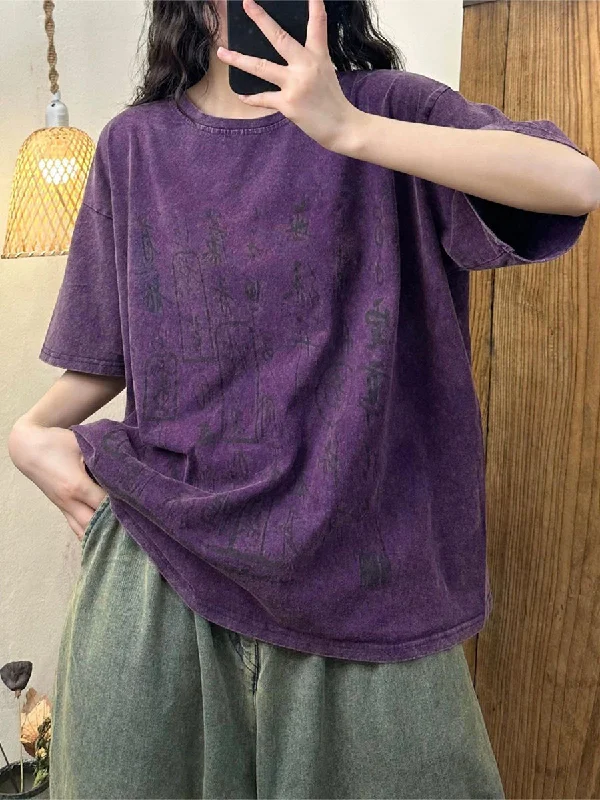 Deal Dash Women Summer Vintage Print Cotton Pullover Shirt AS1004