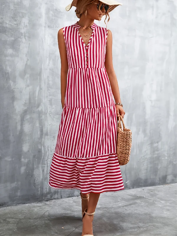 Don't Wait Women's Dresses V-neck Striped Button Elegant Dress AE1014