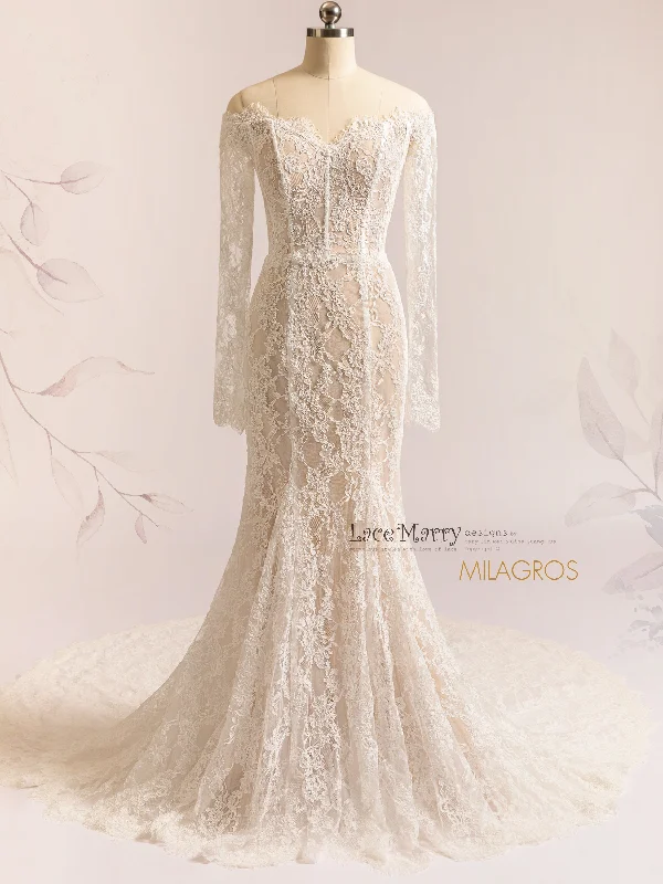 Discount Mania MILAGROS / Off Shoulder Lace Wedding Dress with Long Sleeves