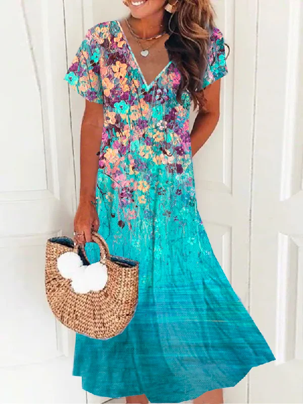 Sneak Peek Sale Casual V Neck Floral Dress  QA53