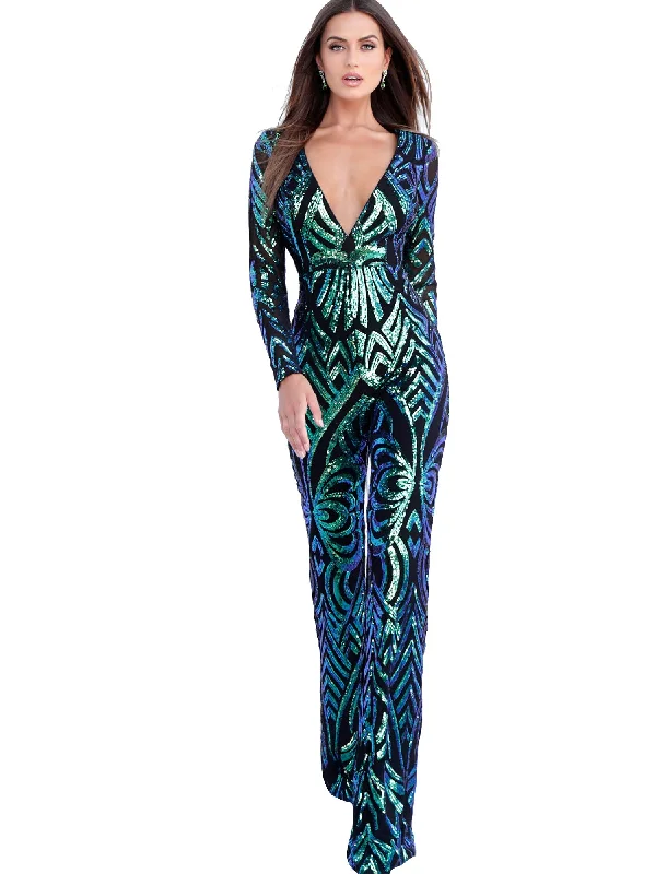 Extra Savings Jovani Black Peacock Embellished Long Sleeve Prom Jumpsuit Dress