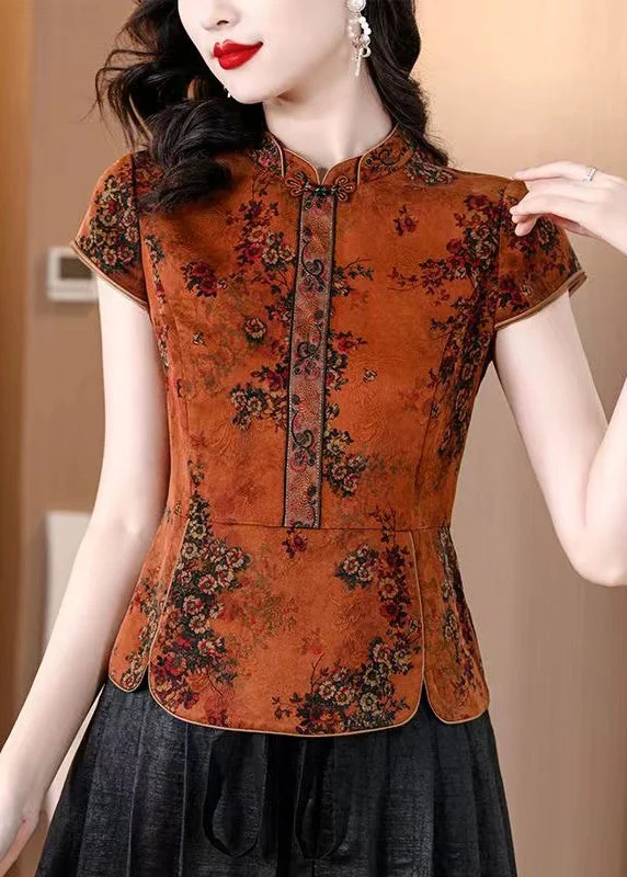 Warehouse Sale Vintage Orange Stand Collar Print Silk Shirts Summer OP1082