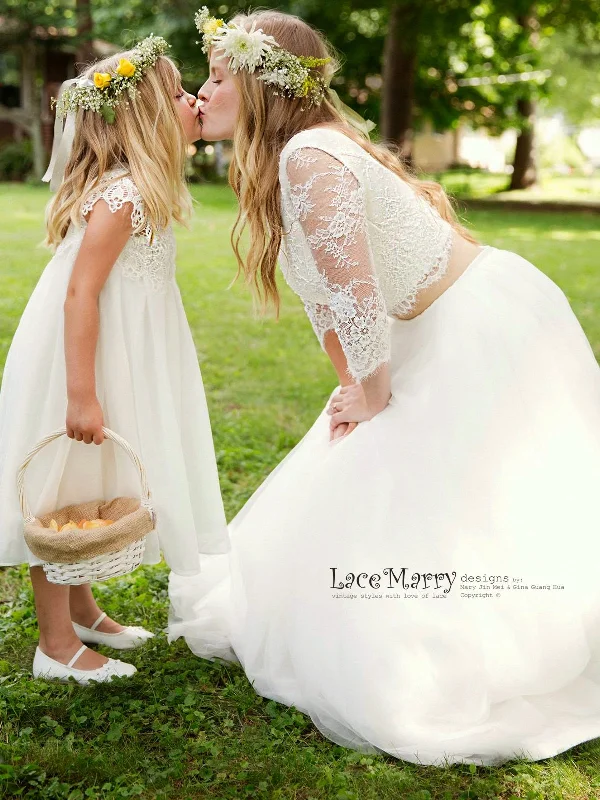 Today’s Deal Two Piece Wedding Dress Set, Lace Crop Top with Round Neckline
