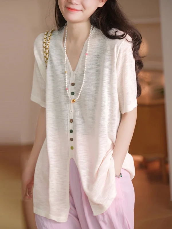 Extra Discounts Women Casual Solid Colorful Buttom Summer Thin Shirt QW1050