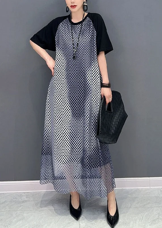 Midnight Sale Black Patchwork Cotton Maxi Dresses O Neck Sheer Mesh Short Sleeve LC0325 Midnight Sale Black Patchwork Cotton Maxi Dresses O Neck Sheer Mesh Short Sleeve LC0325
