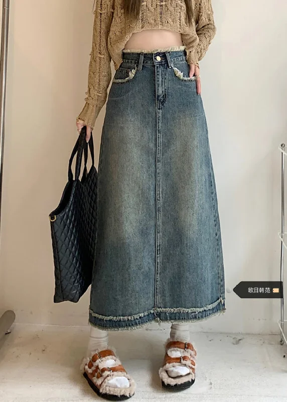 Seasonal Clearance Retro Blue Patchwork Button Long Skirts Summer TY1022