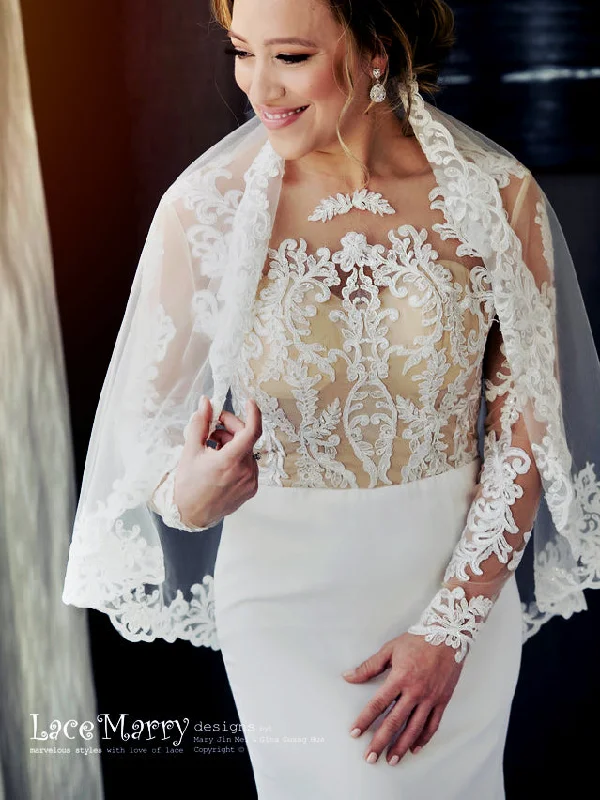 Deal Zone Fitted Boho Wedding Dress with Nude Top and Long Lace Sleeves