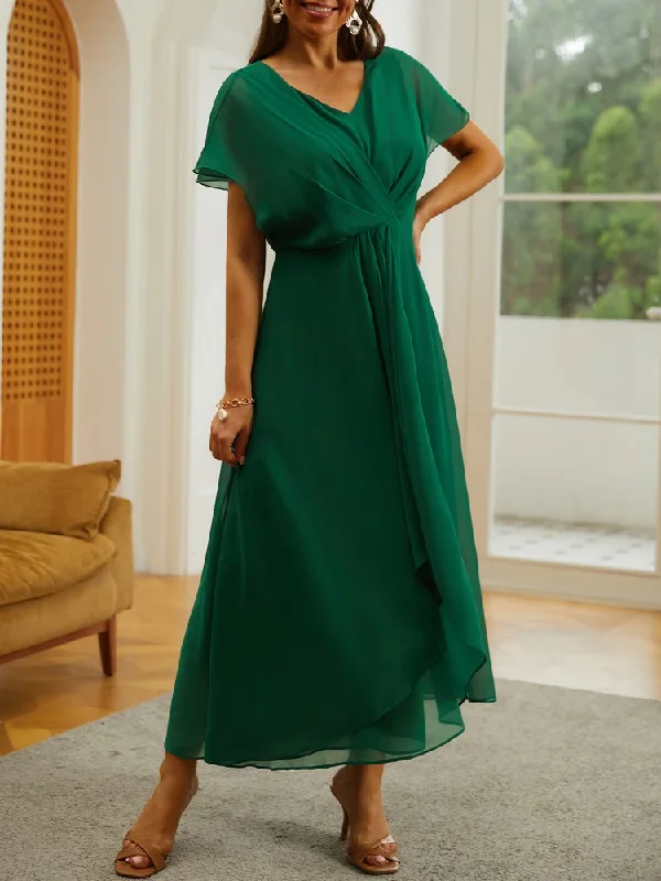 Price Cut V Neck Elegant Chiffon Plain Dress  WC98