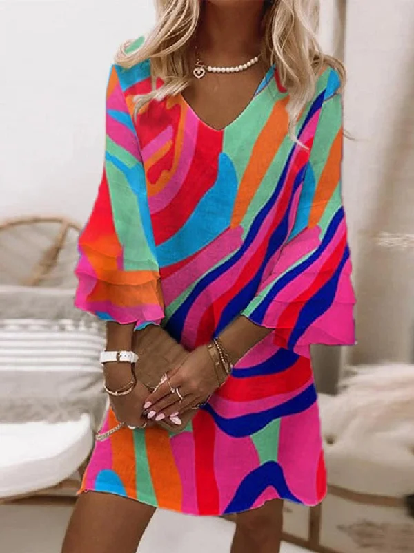Now or Never Casual Loose V Neck Color Block Dress  QPQ81