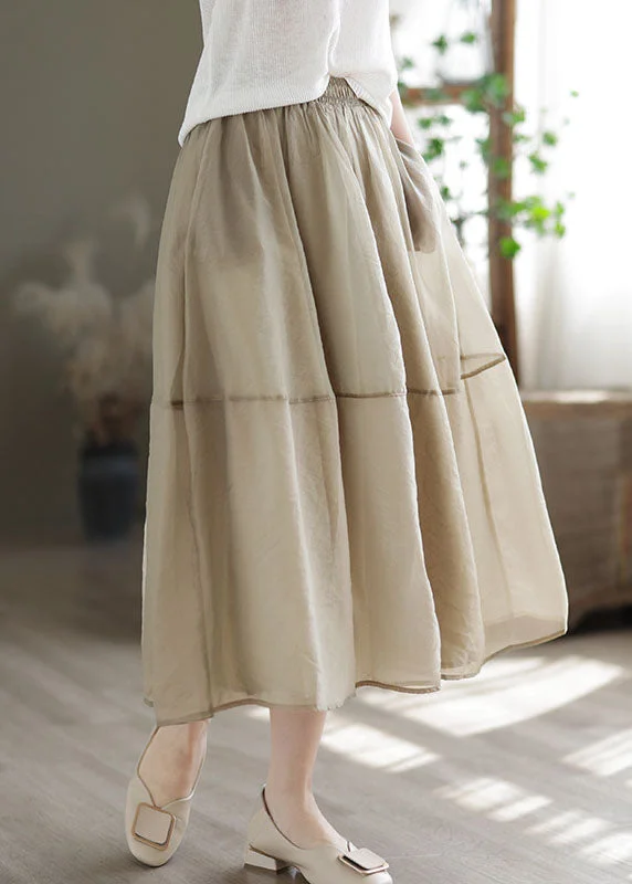 Super Sale Women Khaki Elastic Waist Patchwork Organza Skirts Spring TG1063
