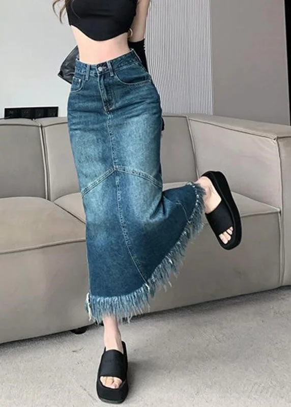 Discount Days Women Navy High Waist Patchwork Tassel Denim Maxi Skirts Summer TY1030 Discount Days Women Navy High Waist Patchwork Tassel Denim Maxi Skirts Summer TY1030