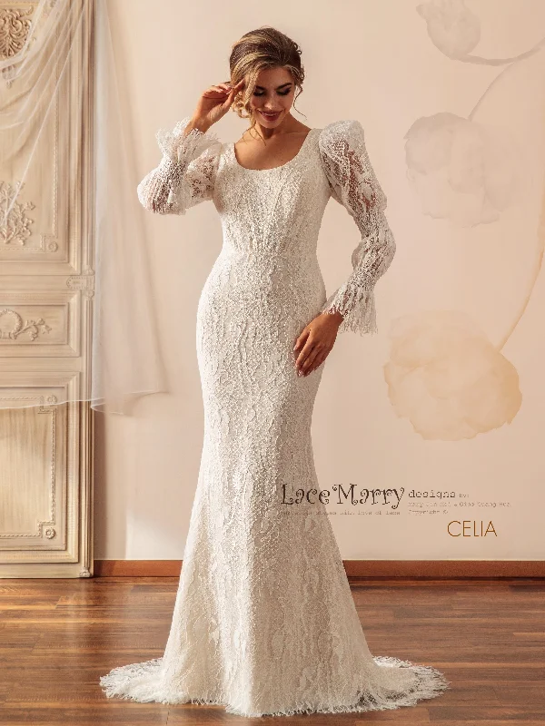 Deal Frenzy CELIA / Unique Lace Wedding Dress with Long Puff Sleeves