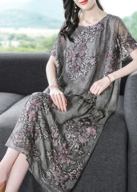 Exclusive Preview French Grey Oversized Embroideried Silk Dress AC3061