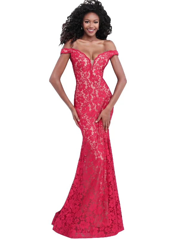 Unmissable Offer Jovani Red Off the Shoulder Plunging Neck Lace Prom Dress