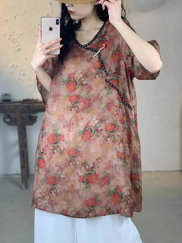 Midnight Sale Women Summer Vintage Flower V-Neck Long Ramie Shirt IO1017