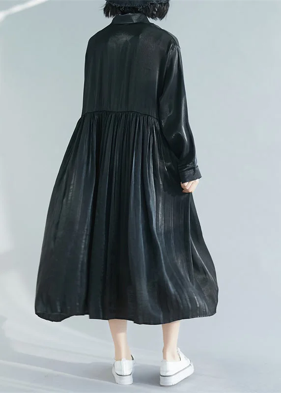Today’s Deal Italian Black Peter Pan Collar Patchwork Button Silk Maxi Shirts Dresses Spring AC2060
