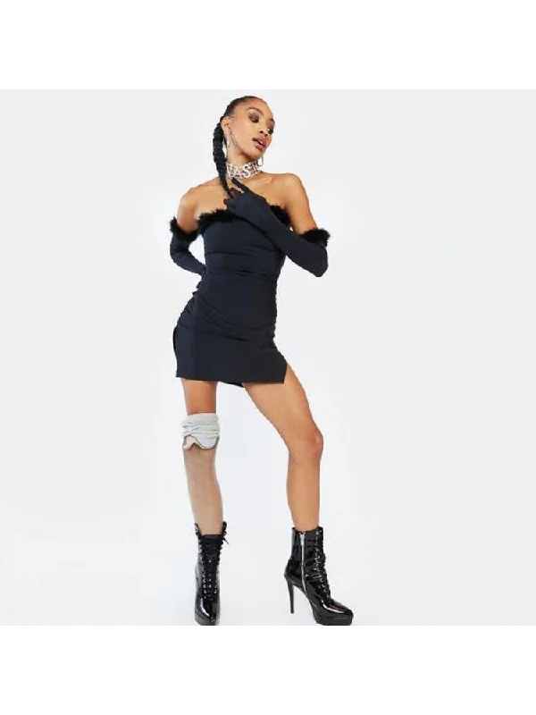 Limited Edition Feather Patchwork Strapless Black Mini Dress With Sleeve OT69