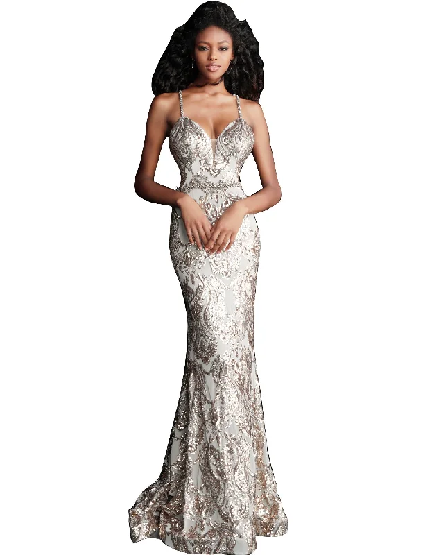 Buy More, Save More Jovani Gold Silver Criss Cross Back Embellished Prom Dress