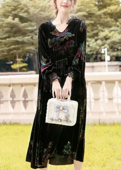 Final Clearance Classy Black Hooded Print Silk Velour Party Dress AC3039