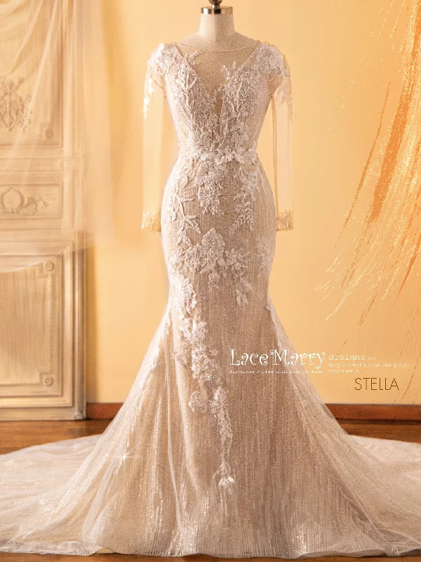 Friends and Family Sale STELLA / Fitted Wedding Dress with Gorgeous Beaded Flower Appliques