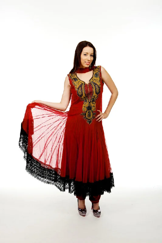 Huge Savings Red Soft Net and Lace Anarkali