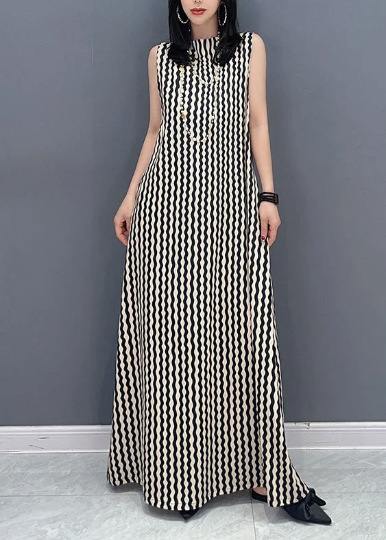 Doorbuster Deal Slim Fit Stand Collar Striped Tie Waist Maxi Dress Summer LC0314