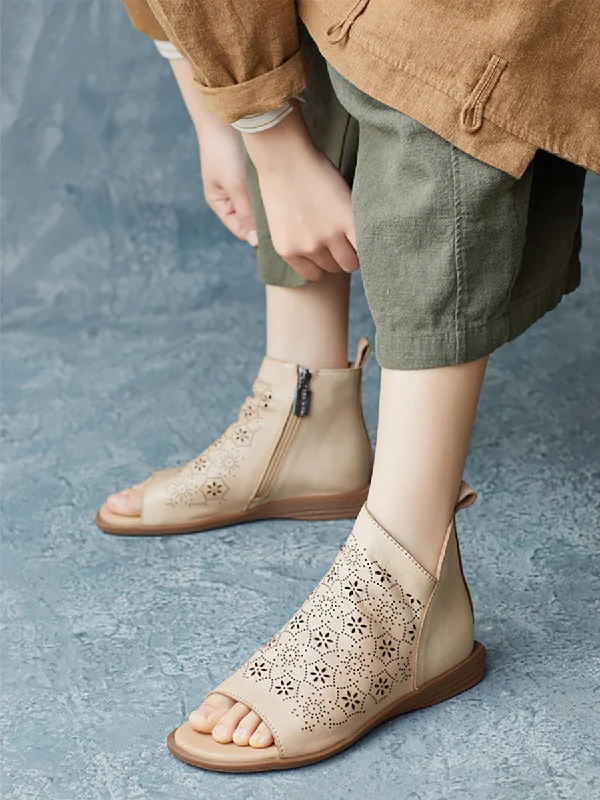 Time-Limited Offer Women Summer Casual Solid Leather Open-toe Flat Shoes UI1015