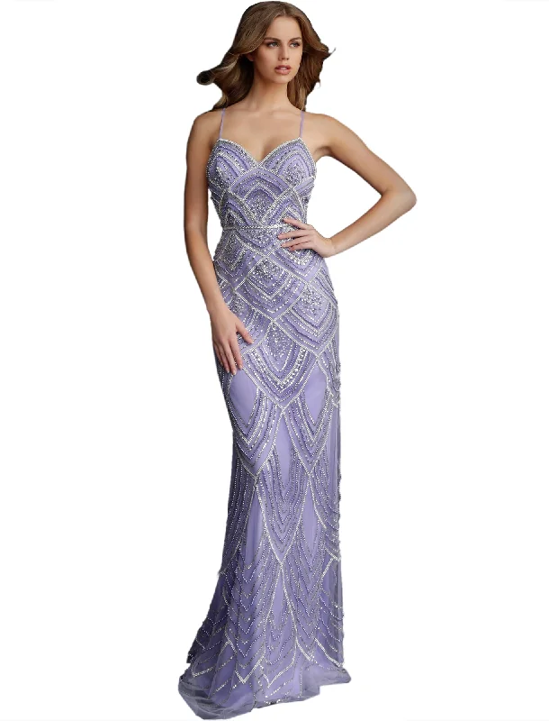 Value Deals Jovani Navy Beaded Spaghetti Straps Fitted Formal Dress