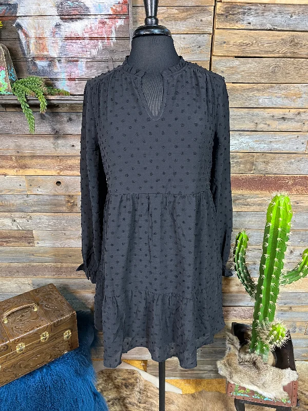 Doorbuster Deal Sara Textured Dot Chiffon Long Sheer Sleeve Babydoll Dress