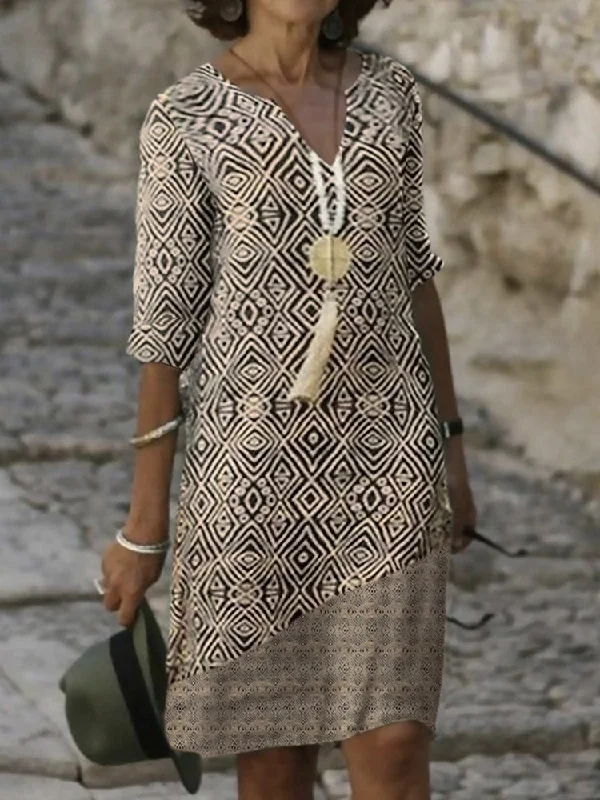 Massive Deals Tribal Geometric Printed Boho Loosen V Neck Short Sleeve Midi Woven Dress  WE98