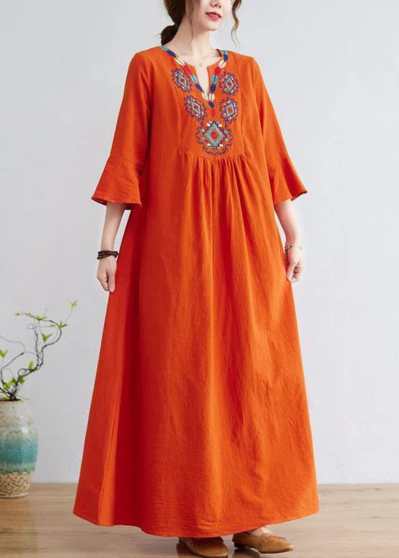 Great Bargains Women Orange Embroideried Wrinkled Cotton Maxi Dress Bracelet Sleeve LY0913 Great Bargains Women Orange Embroideried Wrinkled Cotton Maxi Dress Bracelet Sleeve LY0913
