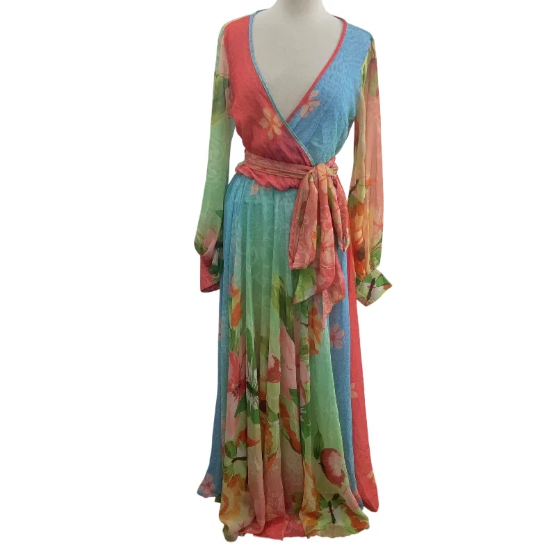Exclusive Deal Vintage USA Women's Floral Va Va Voom Blue & Pink Long Wrap Dress, L, Preowned Exclusive Deal Vintage USA Women's Floral Va Va Voom Blue & Pink Long Wrap Dress, L, Preowned