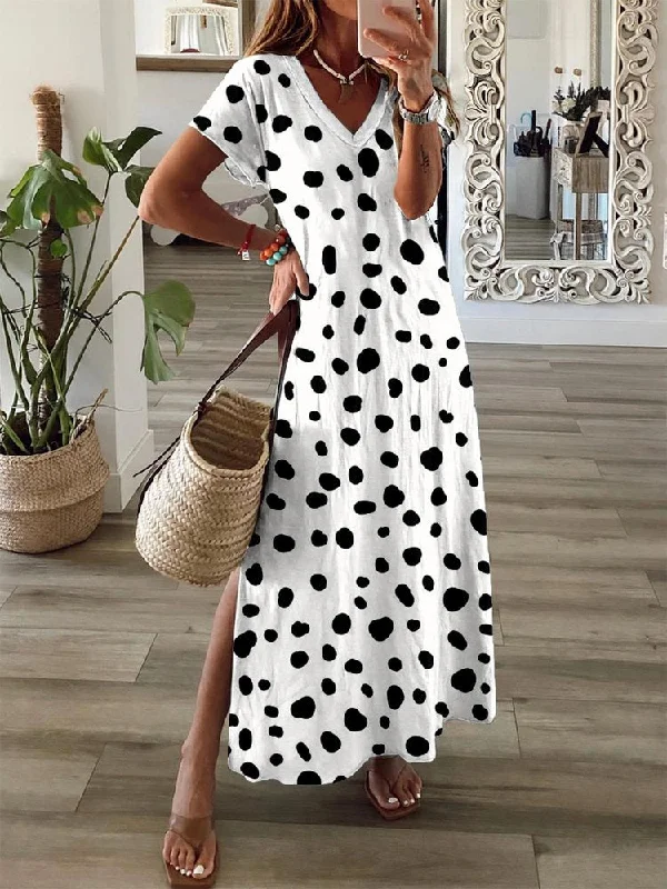 Deal Frenzy Polka Dots Short Sleeve V Neck Casual Dress  QA50