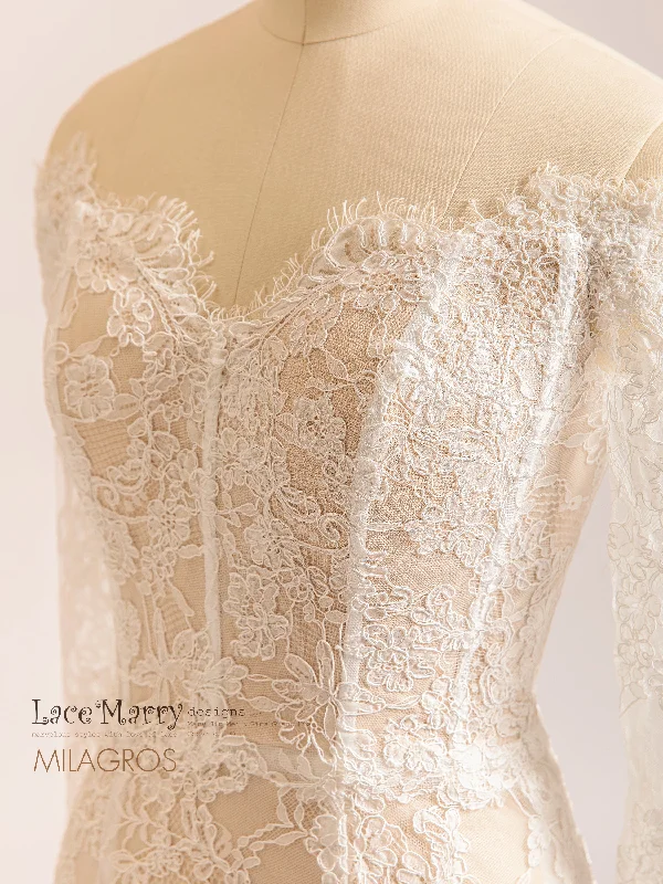Shop and Save MILAGROS / Off Shoulder Lace Wedding Dress with Lace Sleeves