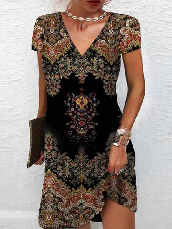 Major Savings Loose Ethnic V Neck Casual Dress  WE99
