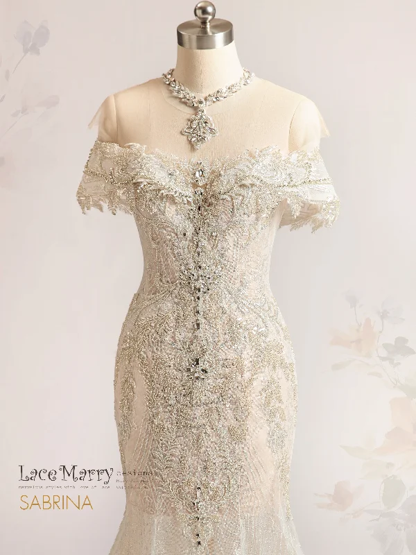 Overstock SABRINA / Off Shoulder Embellished Wedding Dress with Necklace