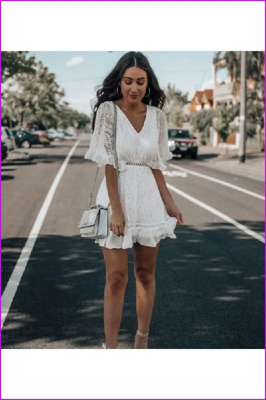 Savings Galore Casual V-Neck Lace Pure Color Half Sleeve Dress