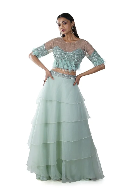New Markdowns Sea Green Scalloped Yoke Feather & Pearls Hand Embroidered Blouse with a 5 Layer Lehenga