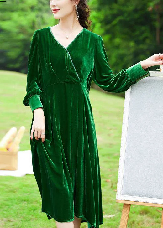 Major Savings Women Green V Neck Patchwork Silk Velour Holiday Dress AC3042