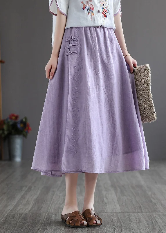 Special Price Vintage Purple Elastic Waist Embroideried Linen Skirt Spring TG1050