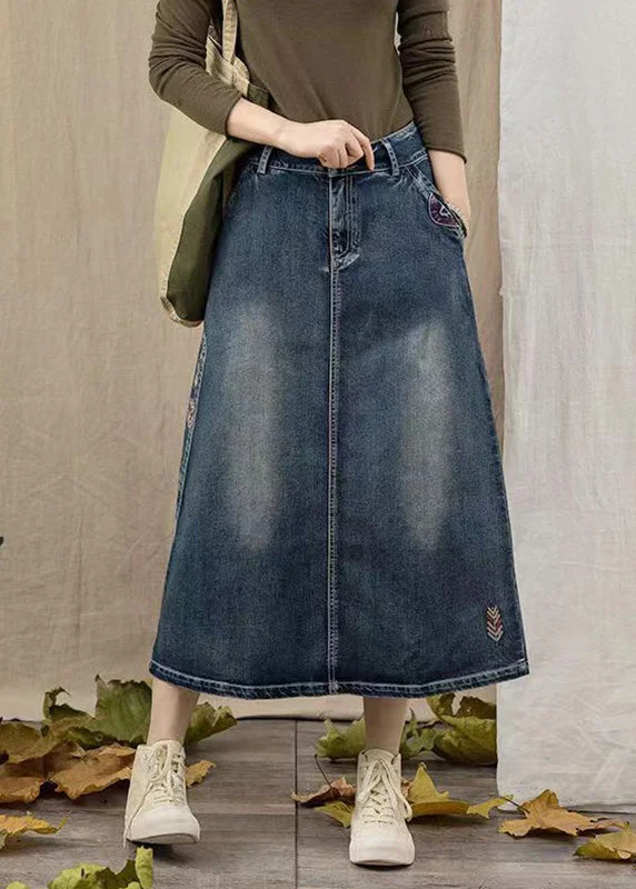 While Supplies Last Simple Navy Embroideried Patchwork Maxi Skirts Summer TY1006