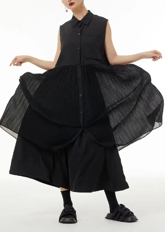 Price Cut Casual Black Peter Pan Collar Patchwork Chiffon Pleated Dress Sleeveless LC0123