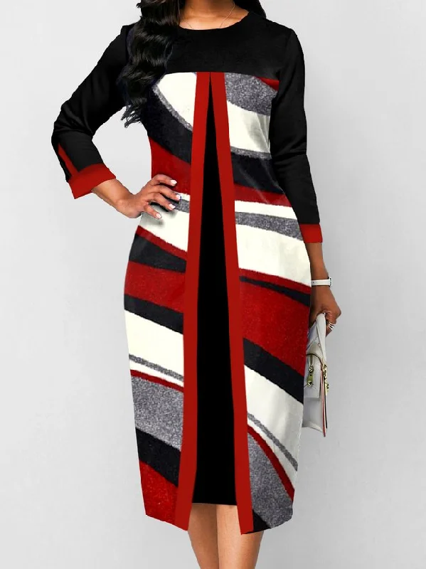 Flash Sale Regular Fit Casual Crew Neck Color Block Dress QMN24