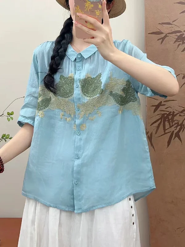 Deep Discounts Women Summer Vintage Flower Embroidery Ramie Shirt AA1034