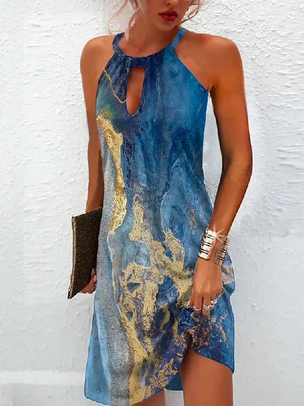 Special Price Women Abstract Printed Halter Neck Sleeveless Short Dress  QPQ77